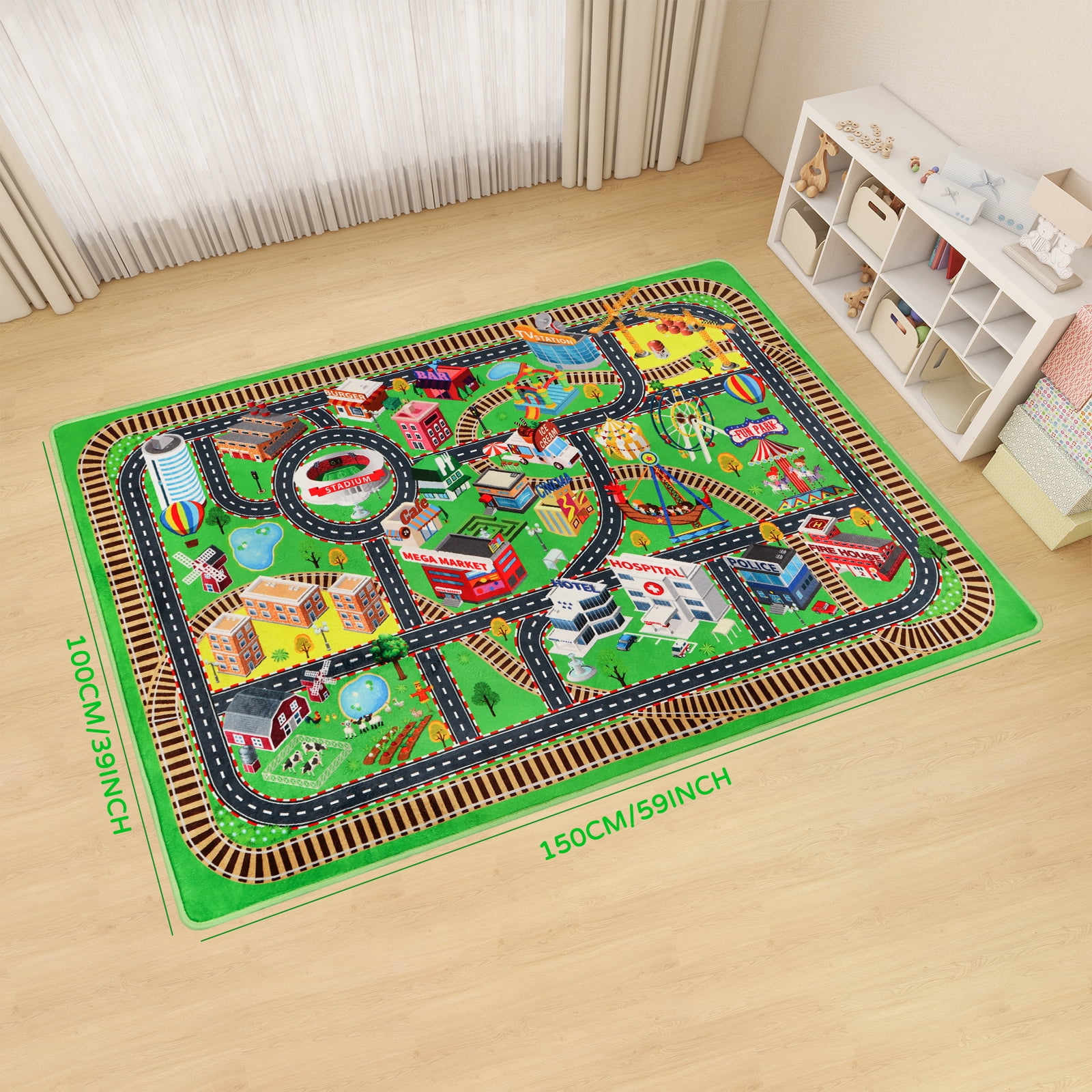 Kids Rug Car Rug for Toy Cars,City Life Road Traffic for Playroom Kid Car Road Rug Village Map Play Mat Non-Slip Washable Play Rug for Toddler Boy Family Tummy Time Playtime