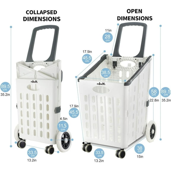 Portable Folding Shopping Cart - White Foldable Grocery Cart with Swivel Wheels for Grocery, Laundry, and Home Use