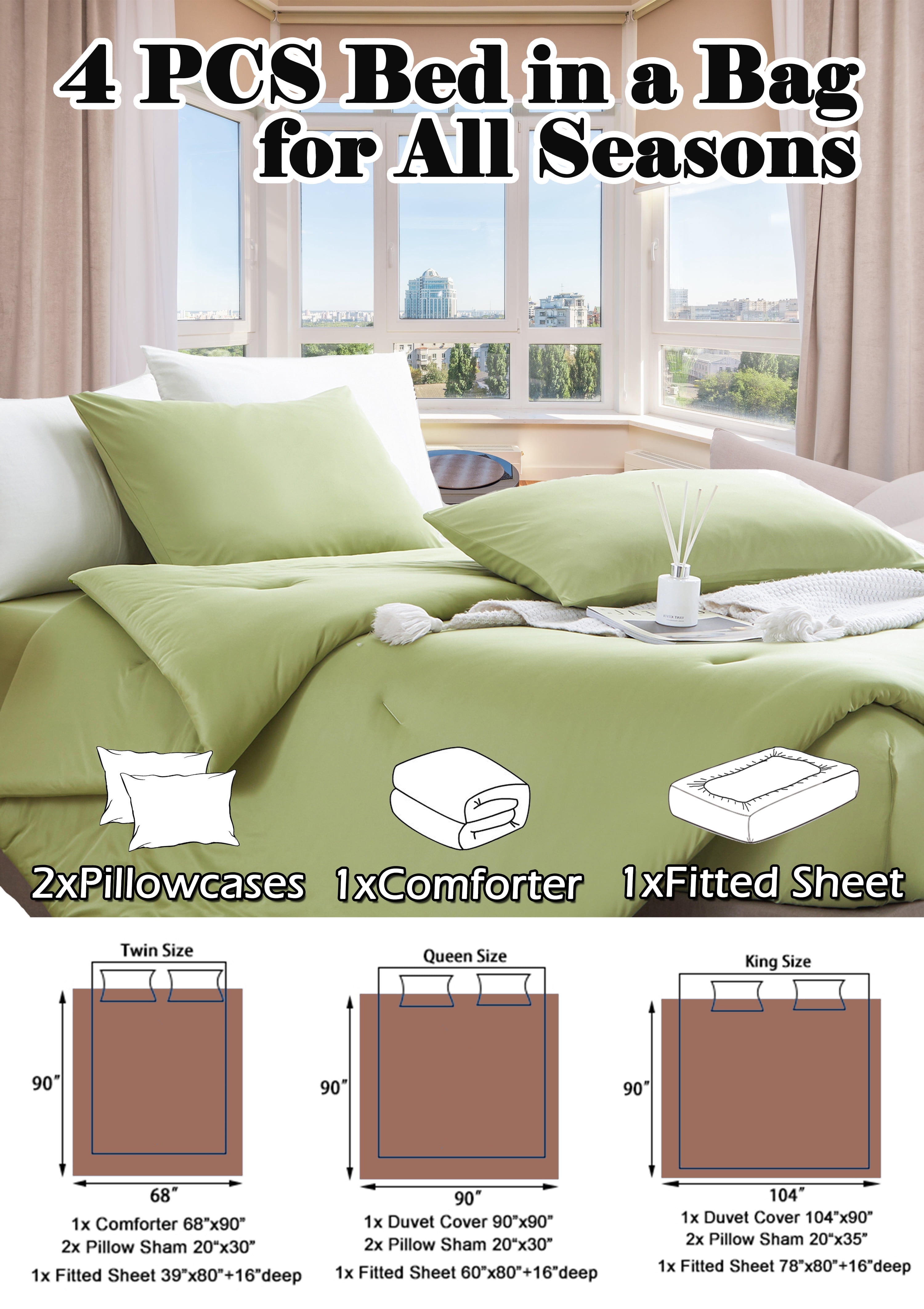 MorroMorn Green Comforter Set Queen Size, 4 Pieces All Season Bedding Sets, Soft Bed Set with 1 Down Alternative Duvet Insert 90×90 Inches, 2 Pillow Cases & 1 Fitted Sheet (Queen, Avocado Green)