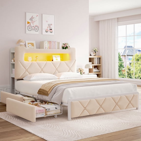 Vipuse Queen Bed Frame with 2 Storage Drawers, Velvet Upholstered LED Platform Bed with USB Charging Station & 2-Tier Bookcase Headboard, No Box Spring Needed, Beige