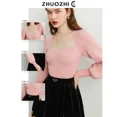 thumbnail image 3 of Elegante jersey de punto adelgazante de estilo francés Zhiyi para mujer, camiseta de manga farol adelgazante de otoño 2024 que suaviza la silueta, 3 of 4