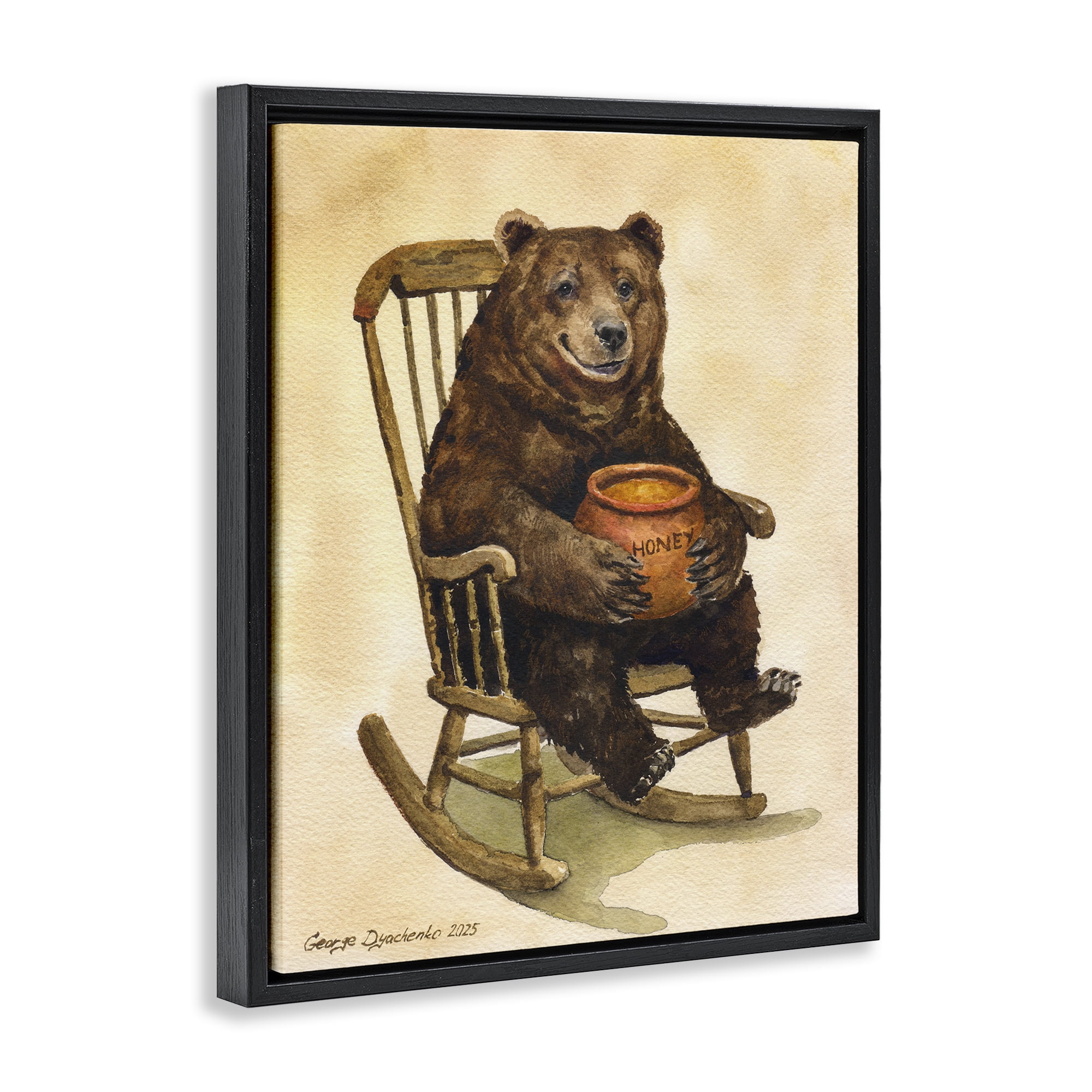 Stupell Industries Happy Bear & Pot of Honey Black Framed Floater Canvas Wall Art, design by George Dyachenko