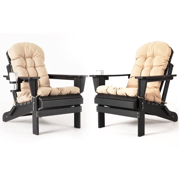 Nalone Folding Adirondack Chairs Set of 2, HDPE Oversized Patio Chairs with Cup Holder and Cushion, Weather Resistant for Garden, Deck, Fire Pit and Campfire(Black)