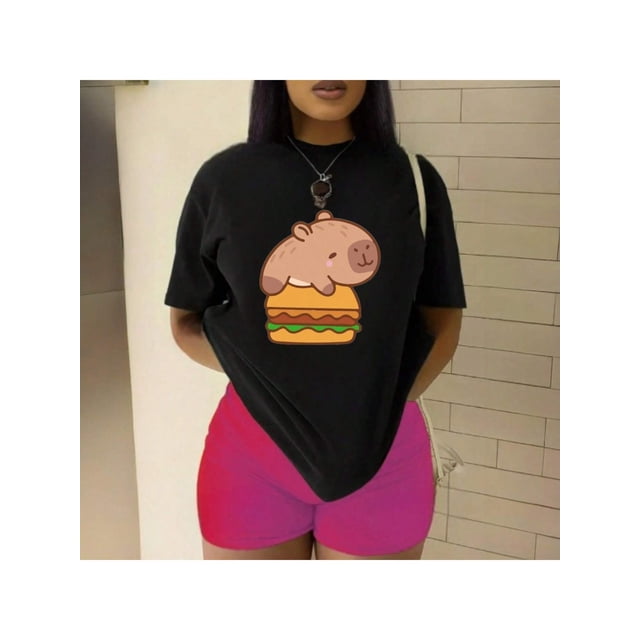 Playera Blusa De Capybara Con Una Hamburguesa Capibara Color Negro Talla Grande Marca Emil SaEs