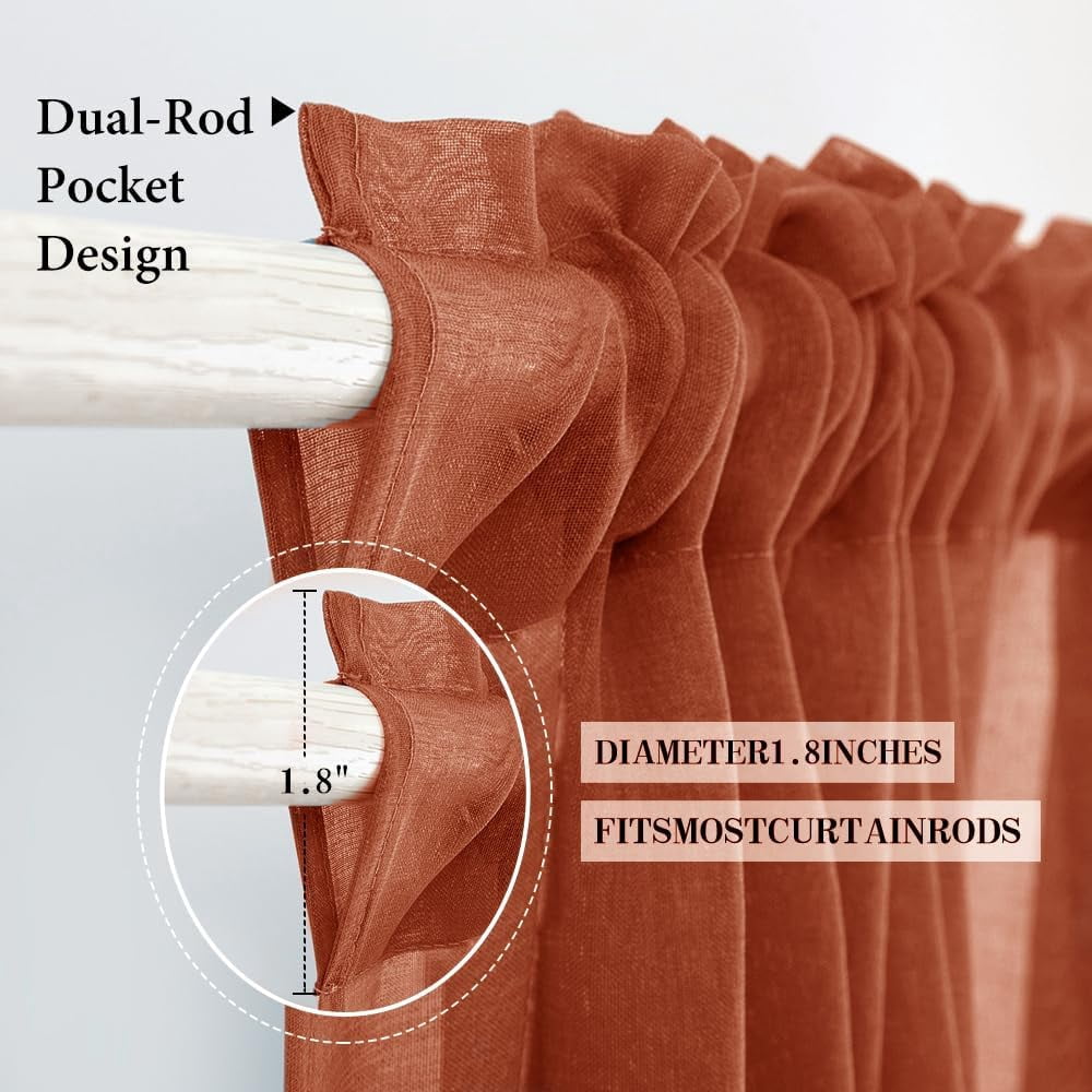 Terracotta Sheer Valance Linen Textured Look Half Window Curtain, Farmhouse Drape for Kitchen Cafe Living Room Rod Pocket Fall Home Decor Valance