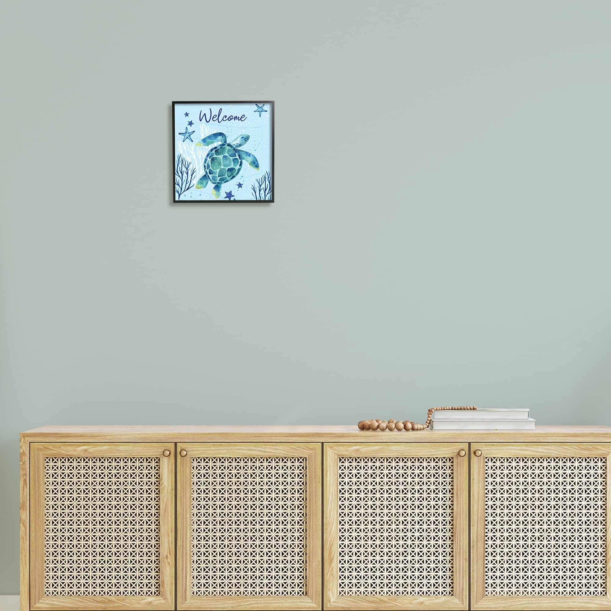 Stupell Industries Welcome Sign Sea Turtle Swimming Ocean Life Graphic Art Black Framed Art Print Wall Art, Design by Sharon Lee