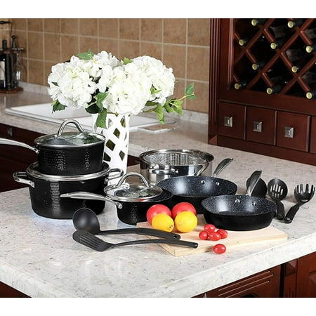 MF Studio 15 Piece Nonstick Kitchen Cookware Sets - Granite Hammered Pots and Pans Set  Induction & Dishwasher Safe (Black)