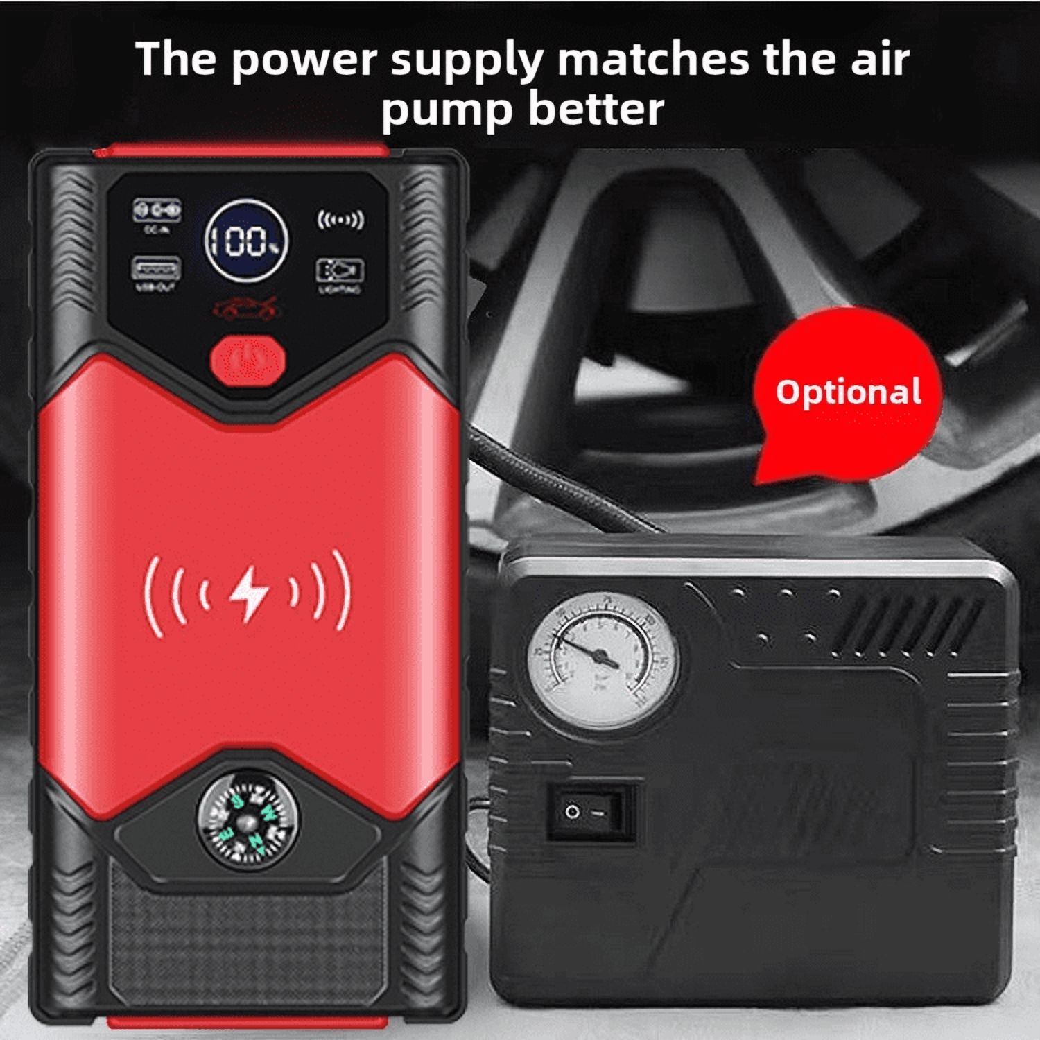 99800mAh Car Battery Charger Portable Jump Starter with Air Compressor for 12V Vehicles LED Flashlight Power Bank Wireless Charging