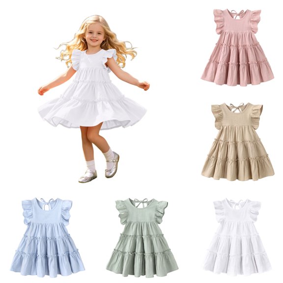 Kureaily Girls Tiered Ruffle Cotton Dress Flutter Sleeve Round Neck Casual Summer Dress (Blue)