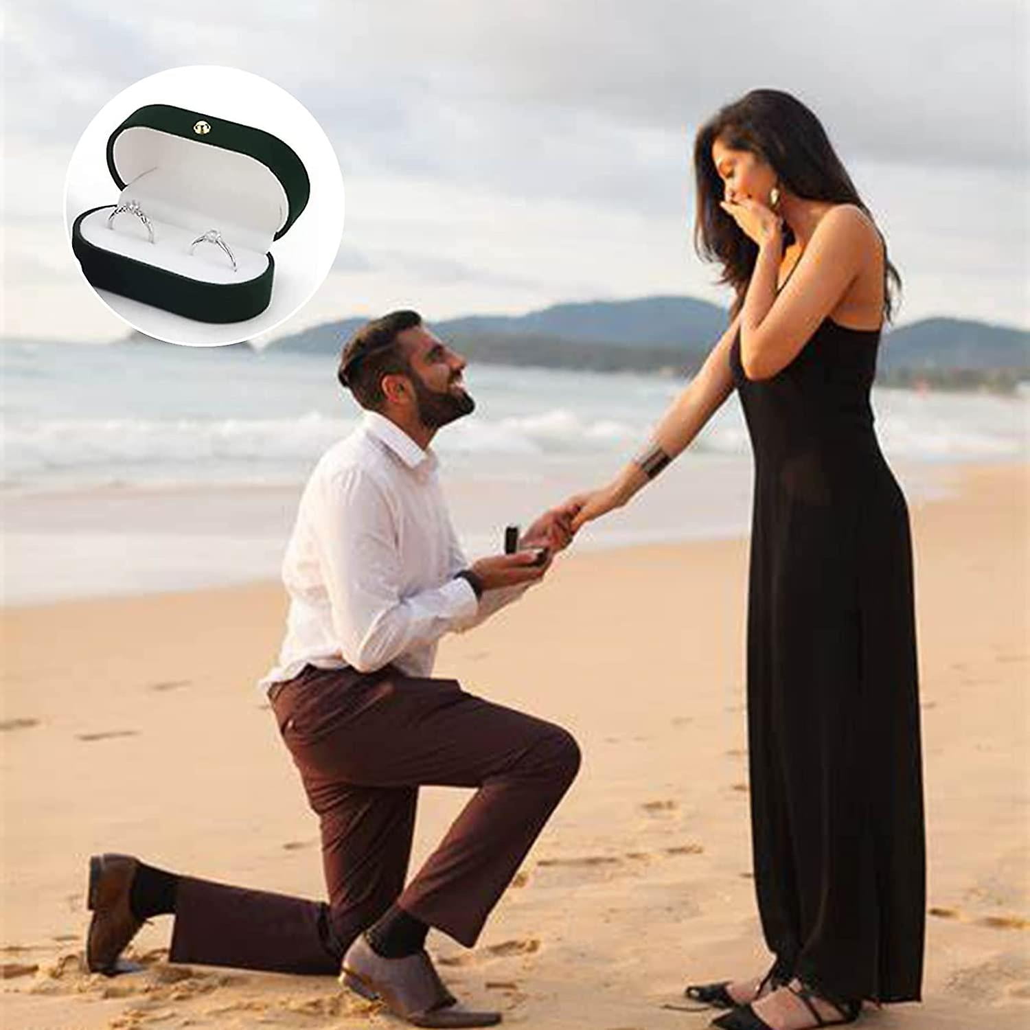 Hongchun Double Slot Ring Box Velvet Ring Box Wedding Band Box Double Ring Box For Engagement Wedding Ceremony Ring Box Green
