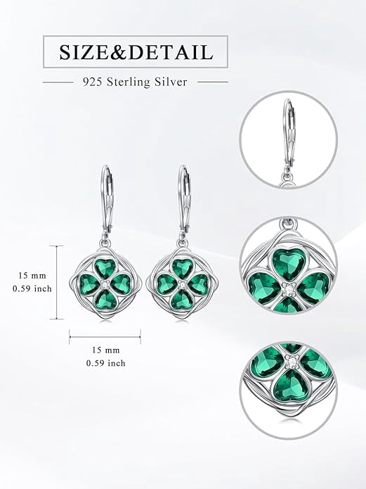 CACA LADY St Patricks Day Shamrock Dangle Earrings 925 Sterling Silver Four Leaf Clover Earrings Irish Jewelry Gifts for Women