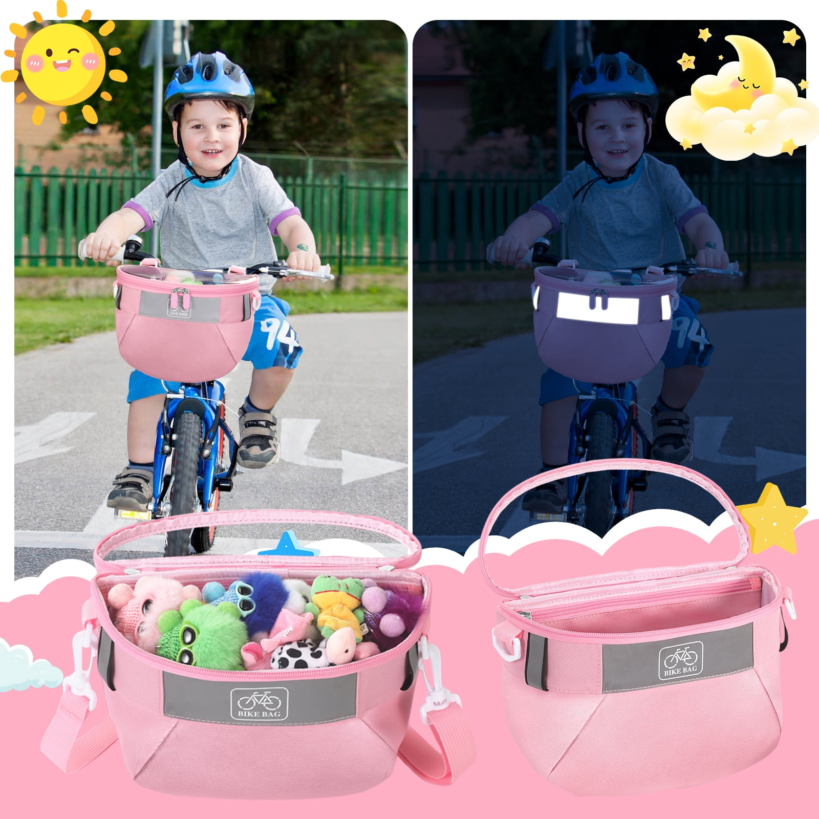 Yucurem Durable Kids Bike Basket, Waterproof Bicycle Front Basket Handlebar Bag with Reflective Safety Straps, Fabric Bicycle Basket for Boys & Girls (Pink)