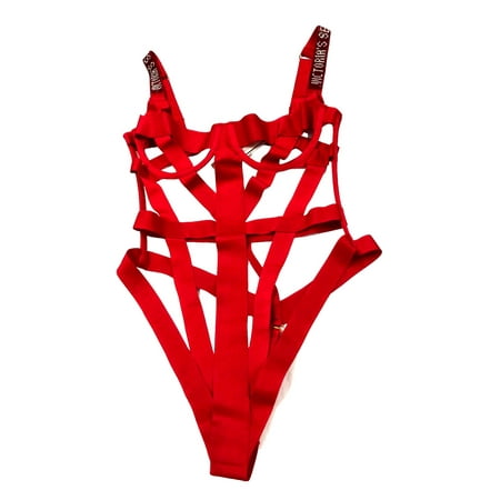 Victorias Secret Shine Strap Luxe strappy Banded Caged Teddy Lingerie Red  Large NWT