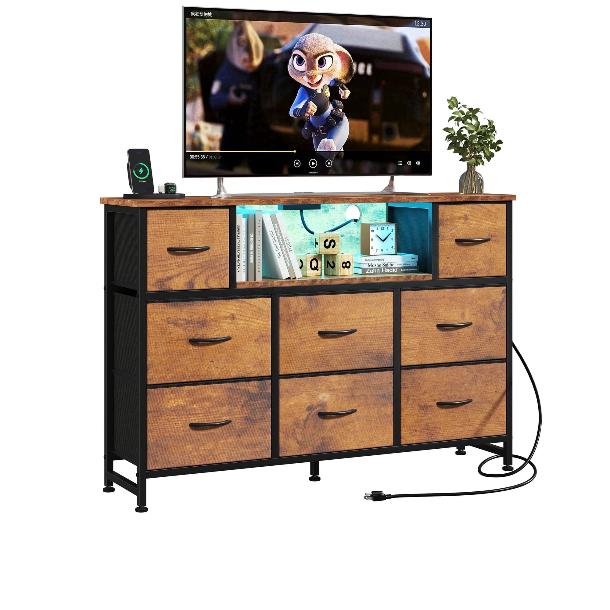 CONCETTA 55 inch TV Stand Dresser, 8 Fabric Drawers Storage Organizer for Bedroom Living Room, LED & Charging Station, Rust