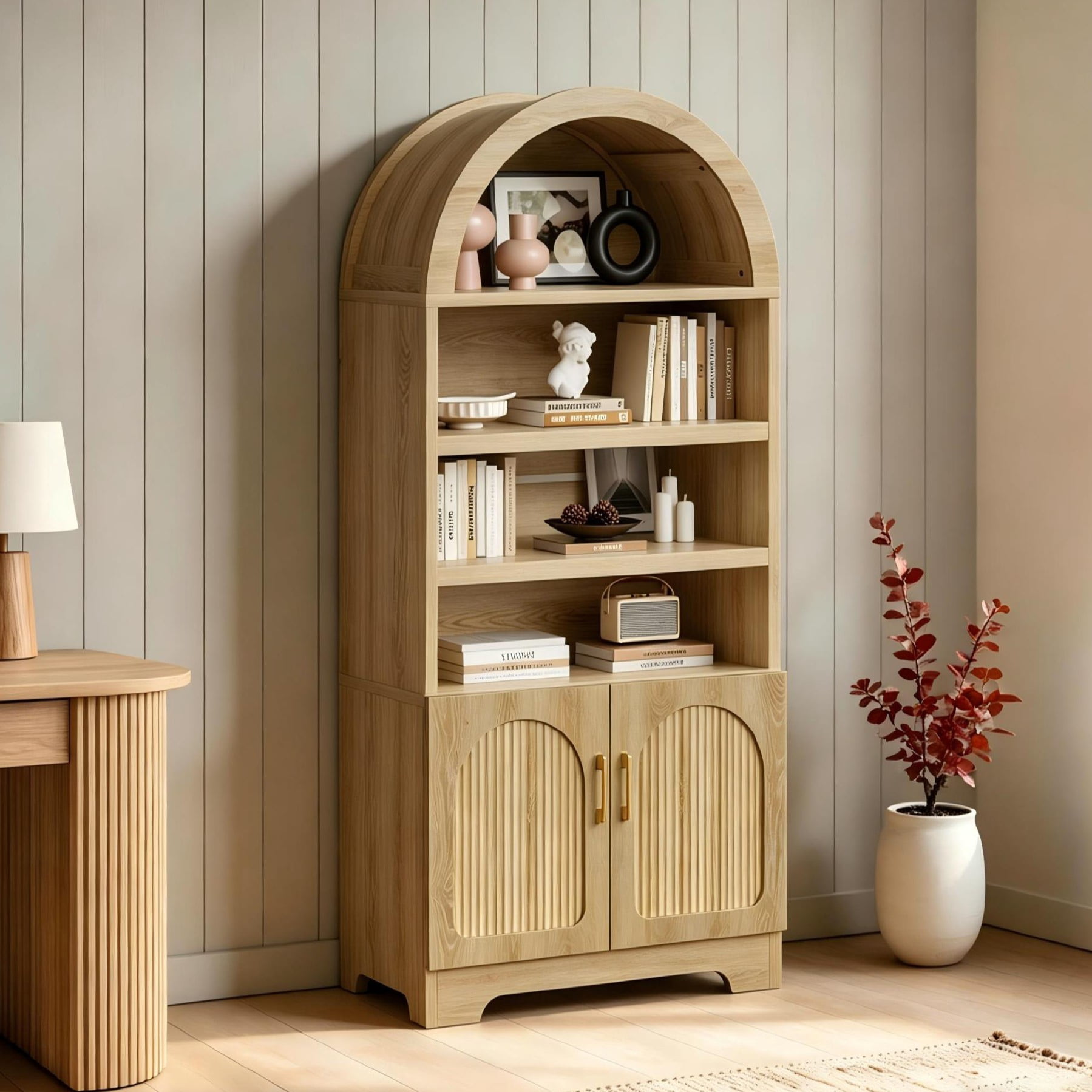 Bestier 4-Tier Arched Bookshelves with 3 Adjustable Shelves & 2 Doors, 71" Tall Kitchen Pantry Storage Cabinet, Display Shelf with Storage for Living Room Home Office, Oak