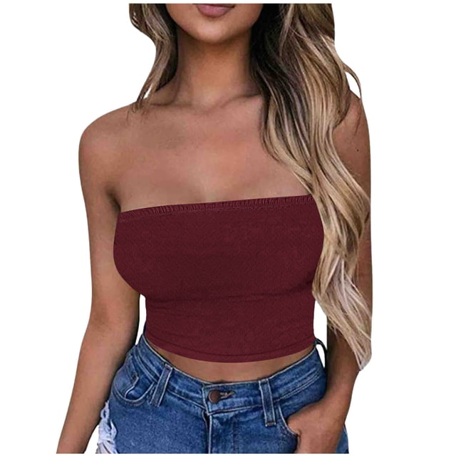 Haut Tube pour Femmes, Haut Sans Manches et Sans Bretelles en Polyester Uni avec Bande Élastique, Tenue d'Été Décontractée, Longueur Régulière, Vert Militaire, L