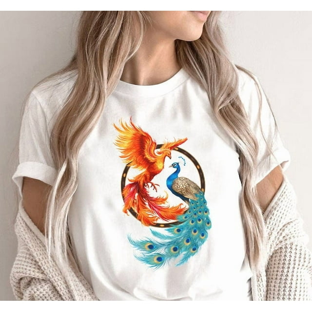 T-Shirt Phoenix et Paon Yin Yang : T-Shirt Unité Inspirante - comme sur l'Image - TG