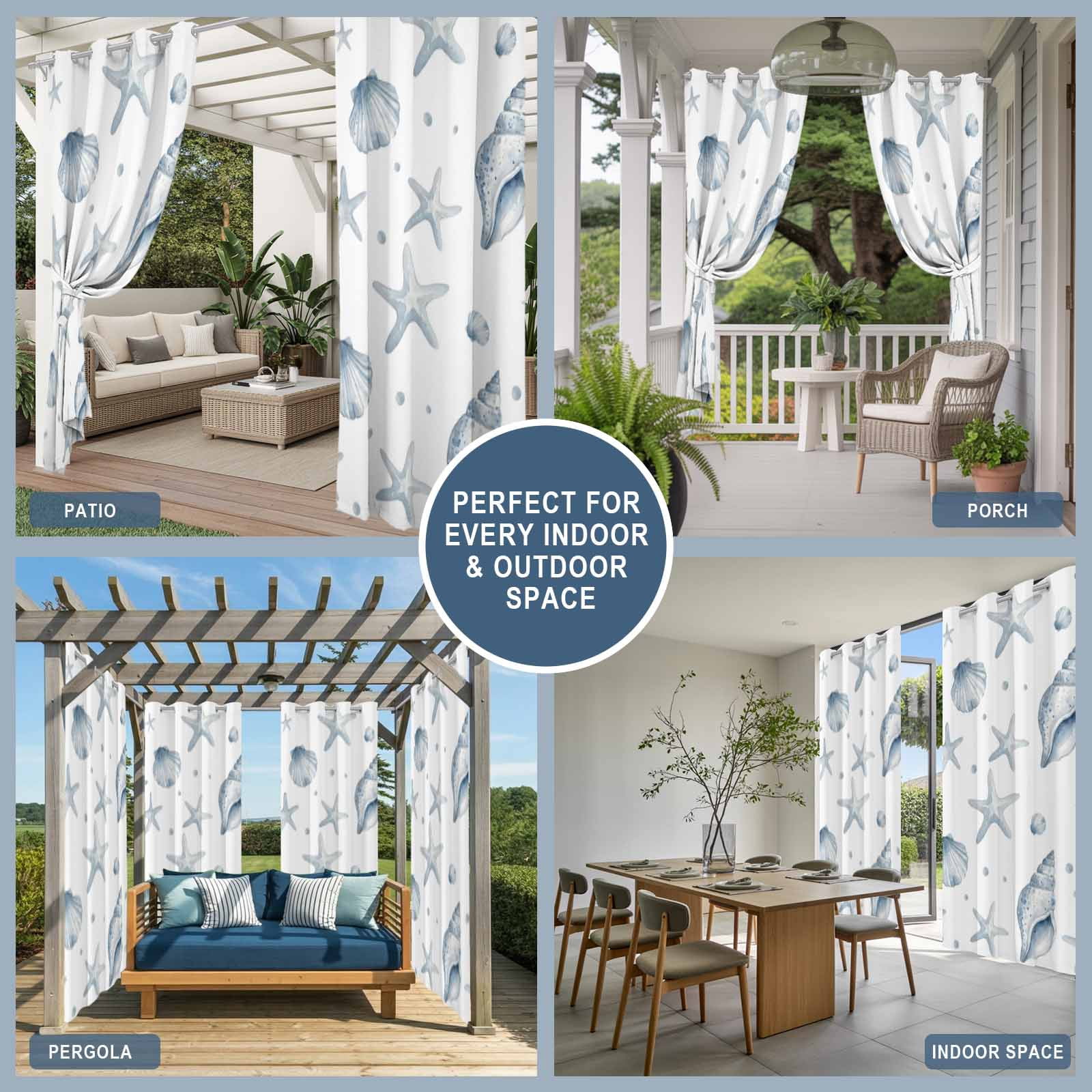 Ocean Starfish Shell Outdoor Curtains for Patio, Summer Sea Watercolor Marine Life Sunshade Privacy Drapes Grommet Waterproof Outside Curtains for Porch/Cabana/Balcony 54"x 108", 1 Panel