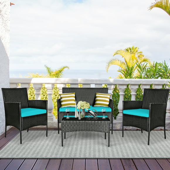 Costway Ensemble de Mobilier de Patio en Rotin 4 Pcs Canapé Coussiné Table Basse Cour Arrière Turquoise