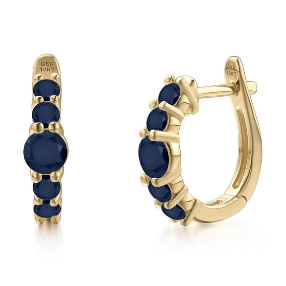 Gem Stone King 10K Yellow Gold Blue Sapphire Hoop Earrings for Women | 1.18 Cttw | Gemstone September Birthstone | Round 4MM and 2.5MM