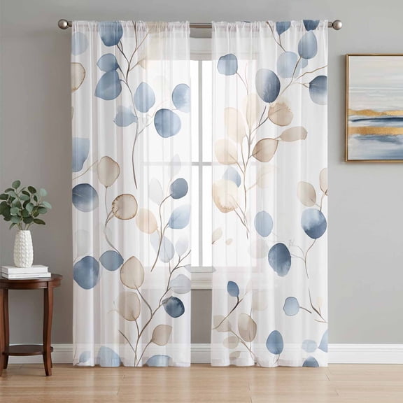 Sheer Curtains 84 Inches Long 2 Panels Set for Living Room, Blue Brown Botanical Semi Sheer Curtains for Windows, Summer Leaves Watercolor Elegant Voile Window Treatments Rod Pocket Curtain