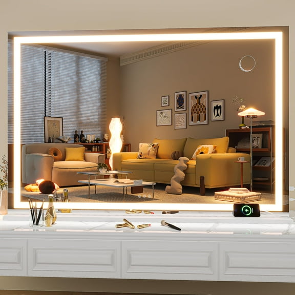 Hasipu 50"x34" LED Vanity Mirror with Lights, Dimmable Touch Screen Makeup Mirror with 3 Lighting Modes, White