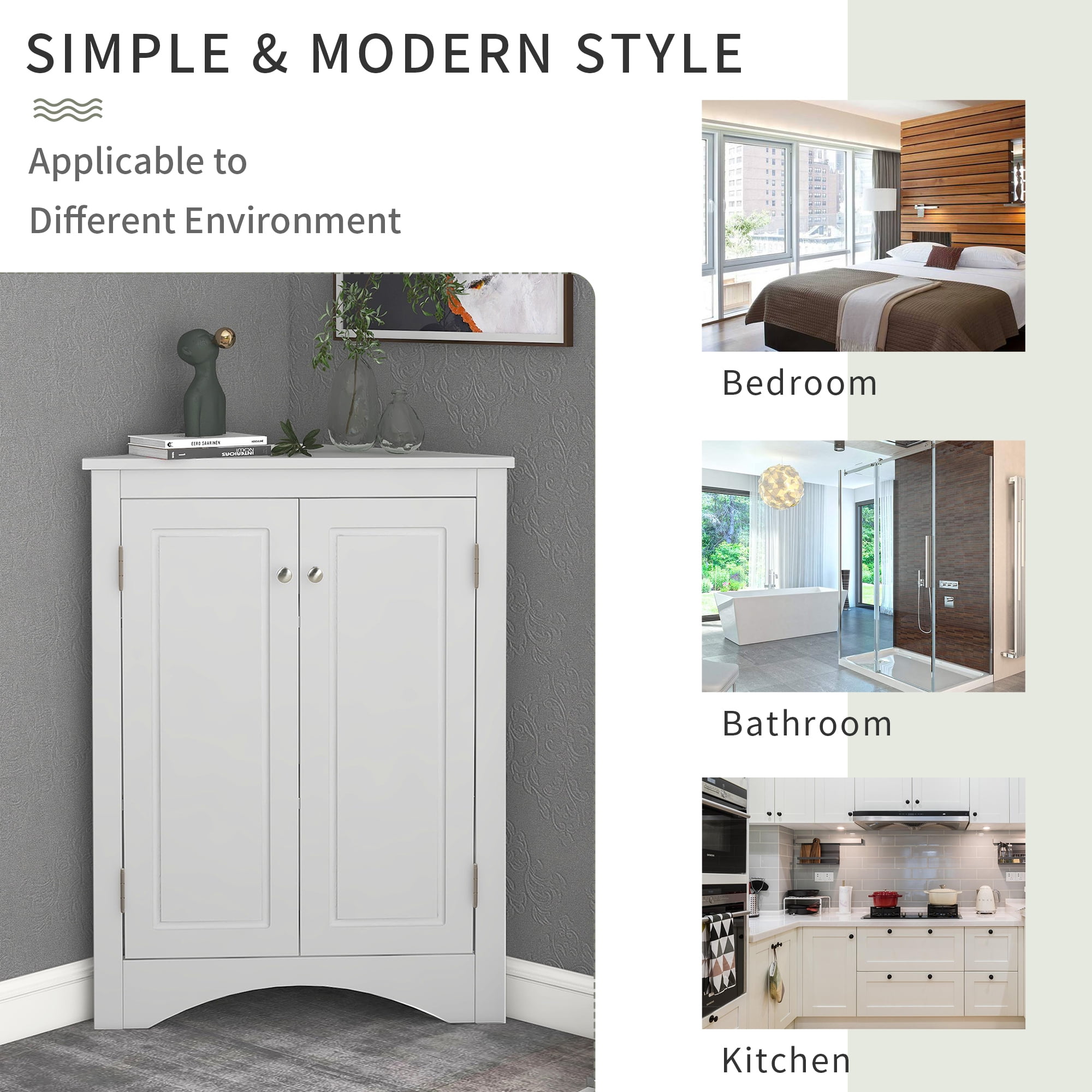 Royard Oaktree Corner Storage Cabinet with Doors and 3 Adjustable Shelves Freestanding Floor Bathroom Cabinet Modern Cupboard Organizer for Kitchen Living Room Bedroom,White