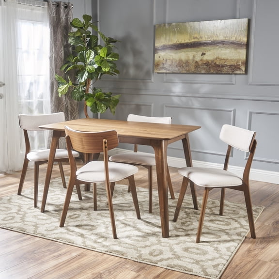 Noble House Alexa Mid Century Natural Walnut Wood 5 Piece Dining Set