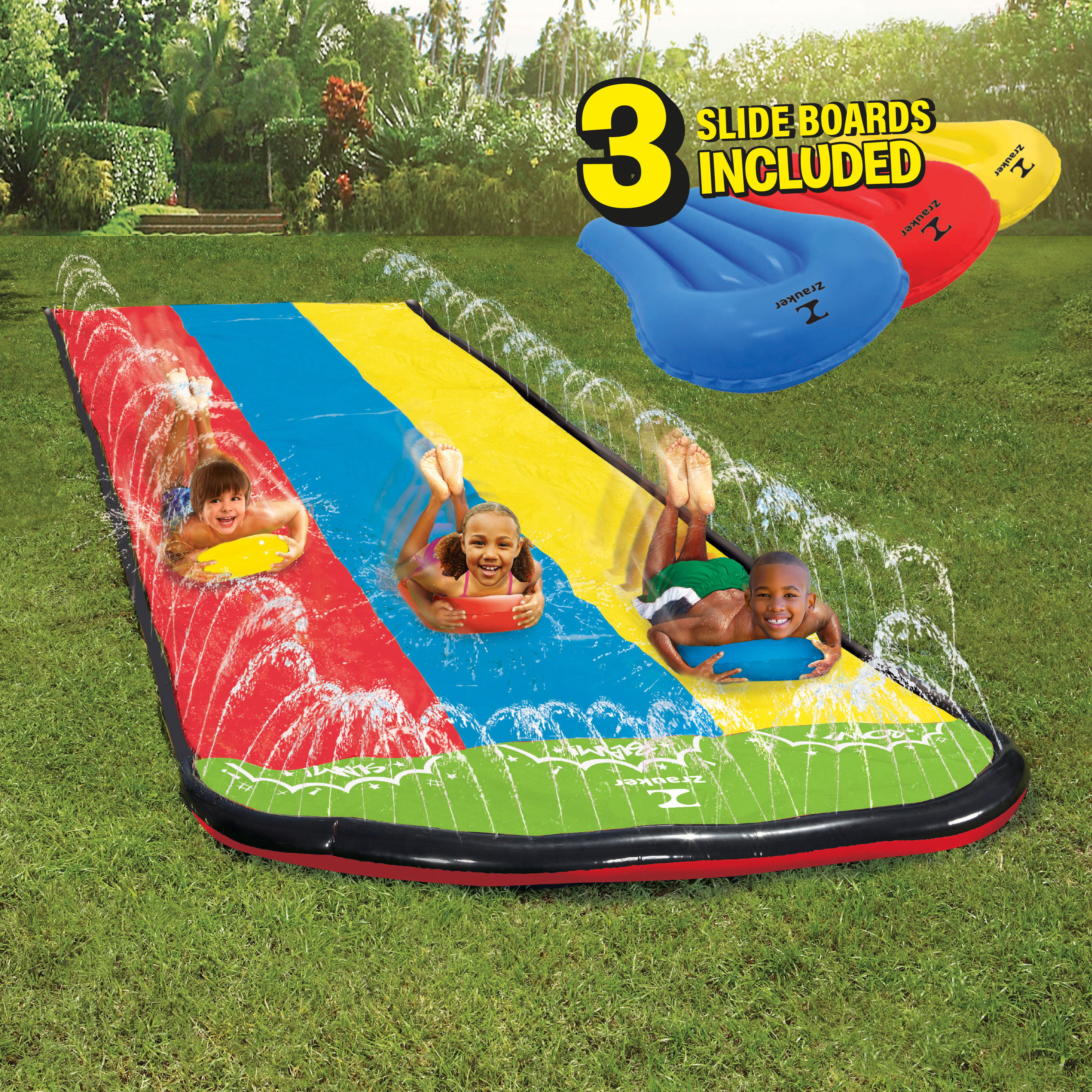 for Backyards| Water Splash Slide With 3 Boogie Boards 16 Foot Three Sliding Racing Lanes with Sprinklers Durable Quality PVC Construction Updated 2020 Model Splash and Slide Triple Lane Slip 