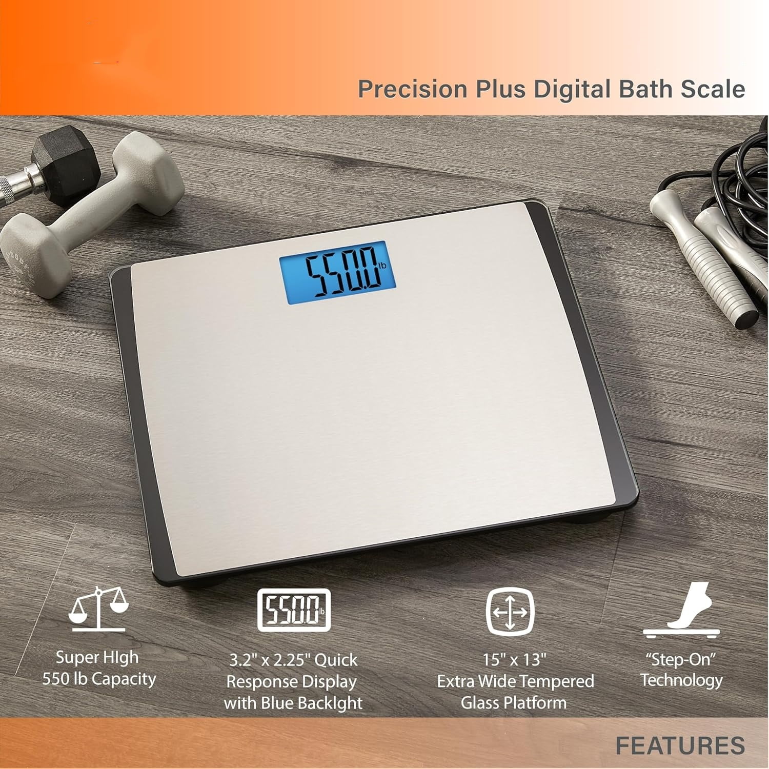 Precision 550 Pound Extra-High Capacity Digital Bathroom Scale, Extra-Wide Platform, Stainless Steel Body Weight Scale with Step-On Tech, Silver