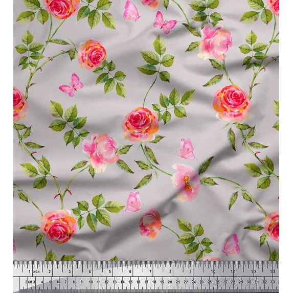 Soimoi Rayon Crepe Fabric Leaves,Rose & Peony Floral Decor Fabric Printed Yard 46 Inch Wide