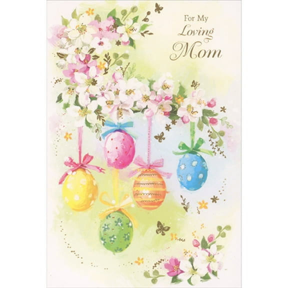 Pictura Decorated Egg Ornaments with Bows Hanging from Floral Swag Easter Card for Mom
