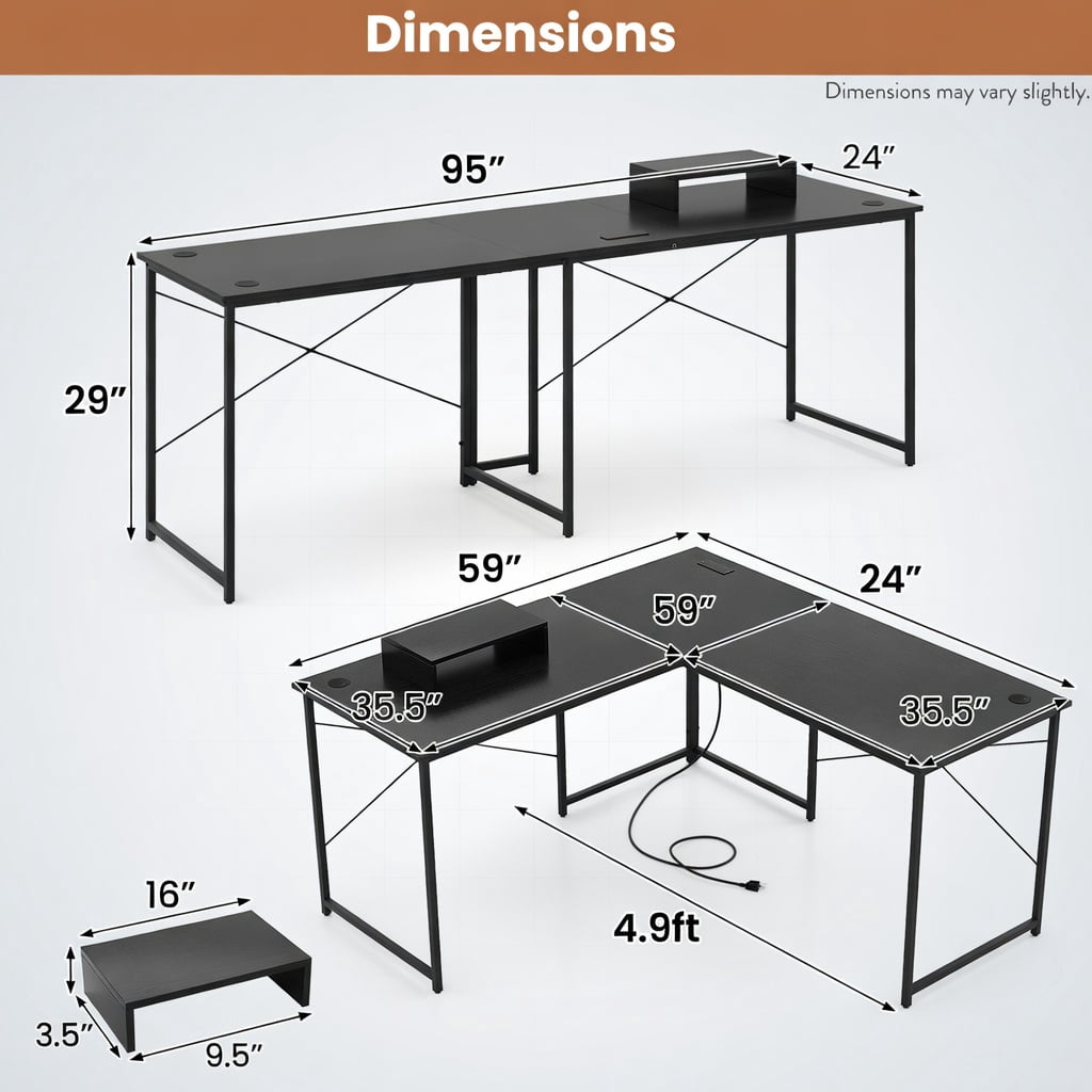Demi Bonn 95" 2-Person L-Shaped Long Reversible Computer Desk with Monitor Stand, Small Home Office Desk Study Writing Table, Black
