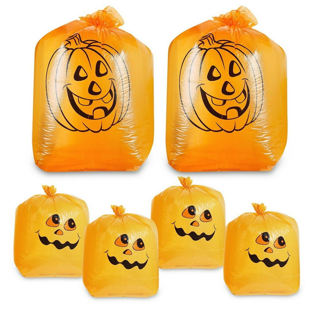 Pack of 6 Halloween Plastic Pumpkin Leaf Bags 18" & 30" Outdoor Fall Lawn Trash Bag Decorations ...