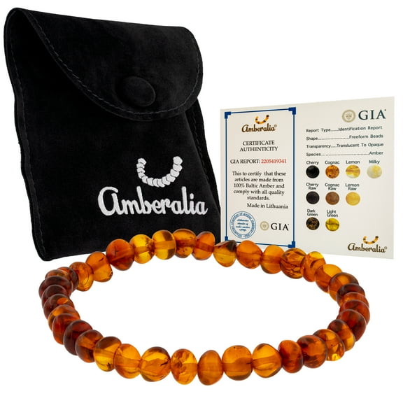 Amberalia Elastic Baltic Amber adult bracelet, GIA Certificated Amber, for natural remedies and pain relief Polish Cognac 7”