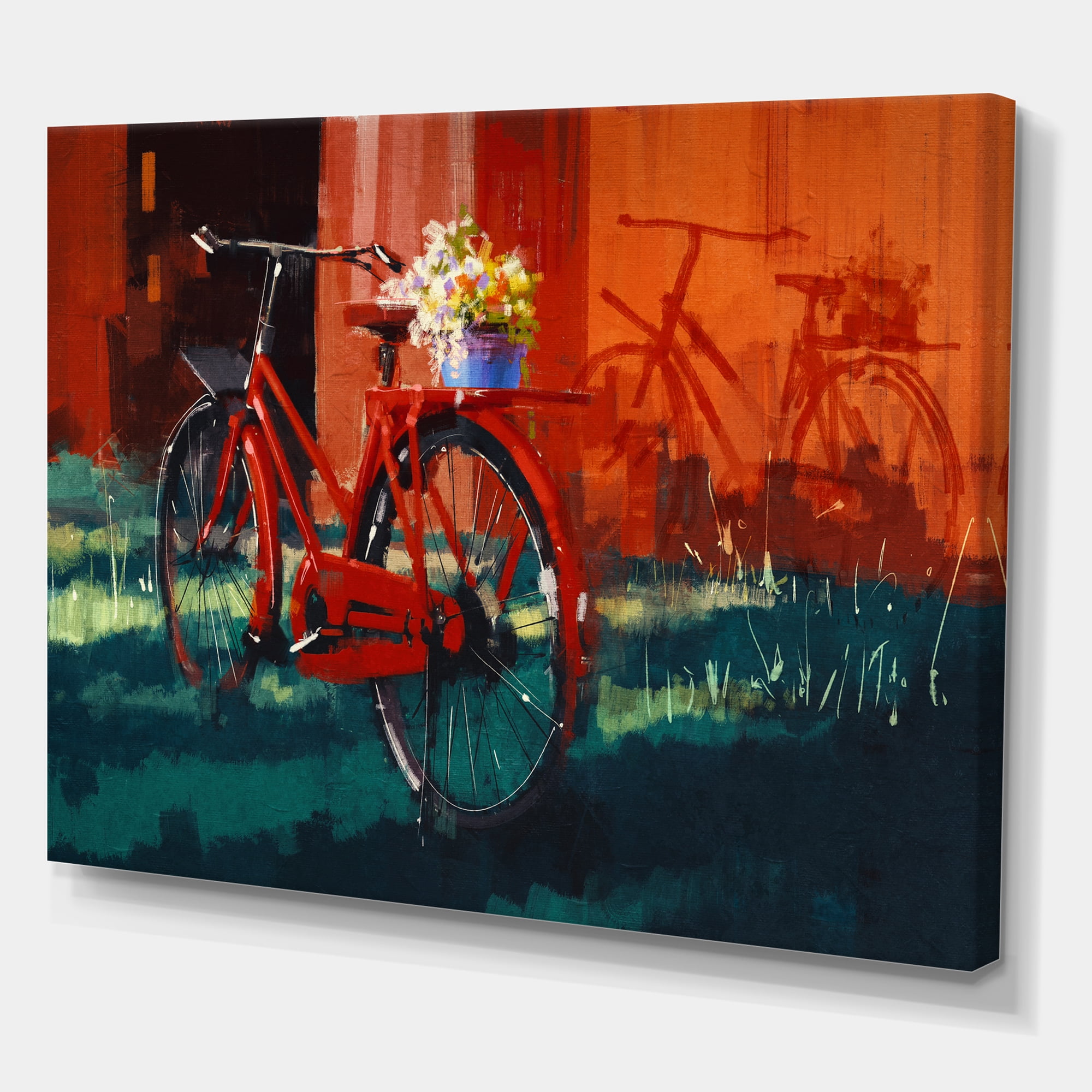 Designart ' Red VIntage Bicycle With Flowers Bucket ' Vintage Canvas Wall Art Print