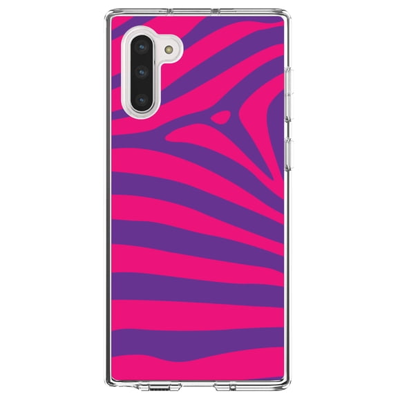DistinctInk Clear Shockproof Hybrid Case for Samsung Galaxy Note 10 (6.3" Screen) - TPU Bumper, Acrylic Back, Tempered Glass Screen Protector - Purple Hot Pink Zebra Skin Stripes