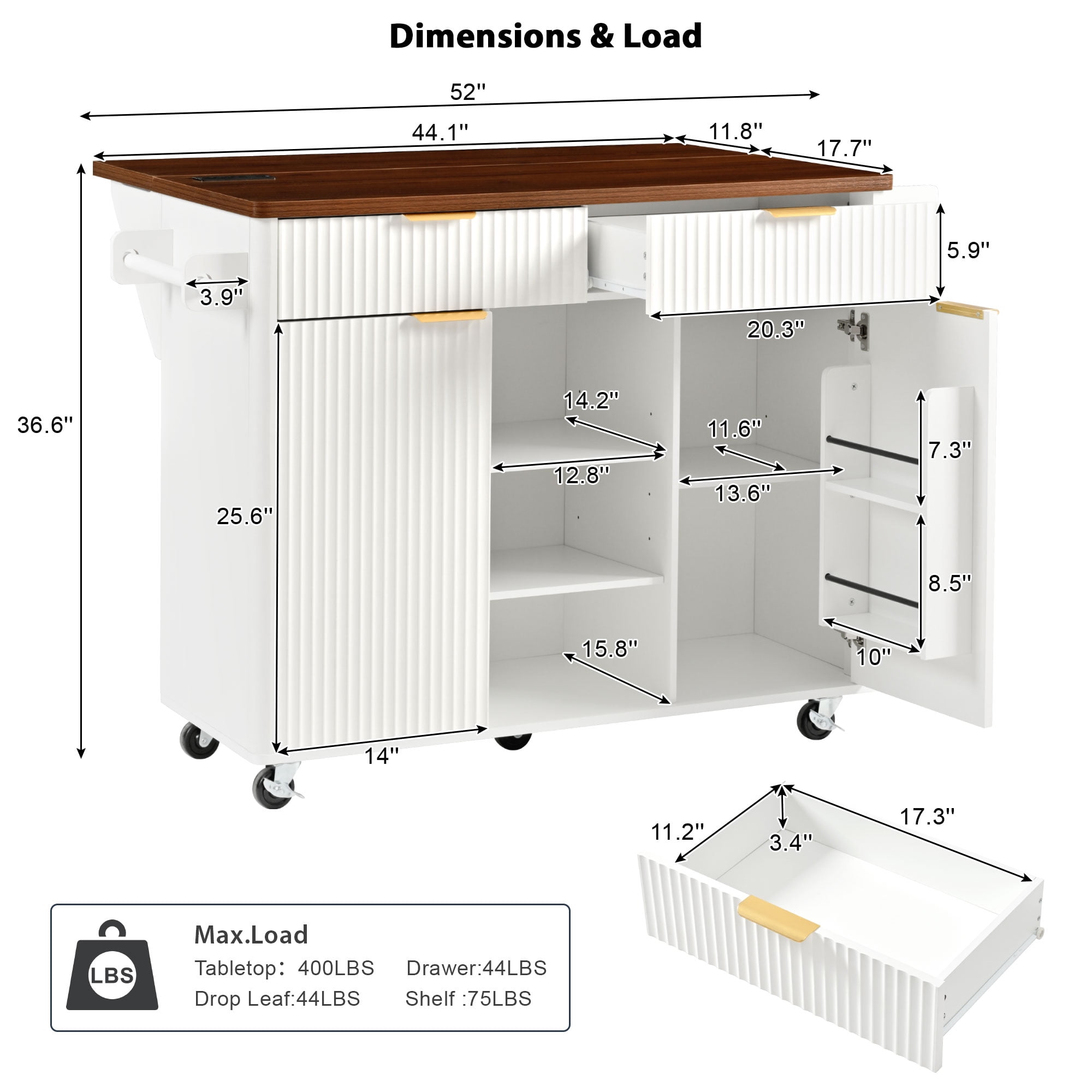 Euroco 52" Fluted Kitchen Island with Drop Leaf, Power Outlet, Kitchen Storage Cart with Adjustable Shelves, 2 Doors and 2 Drawers, Rolling Island Table with Walnut Color Top