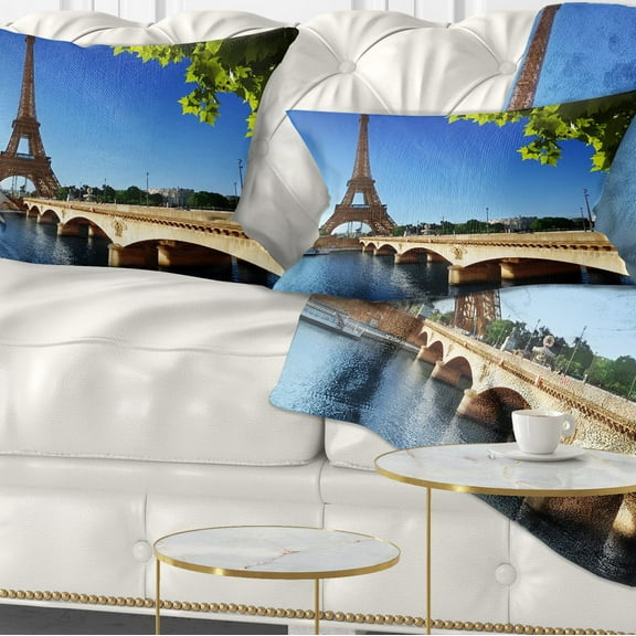 Designart Bridge to Paris Paris Eiffel TowerParis - Cityscape Throw Pillow - 12x20