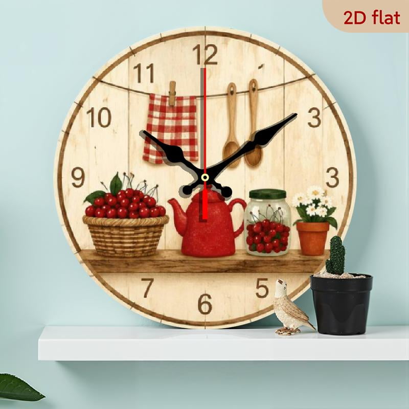 Kitchen Tools Theme Round Wall Clock, 10 Inch Silent Non-Ticking Decorative Timepiece for Living Room Kitchen, Retro Rustic Style Battery Operated Hanging Clock