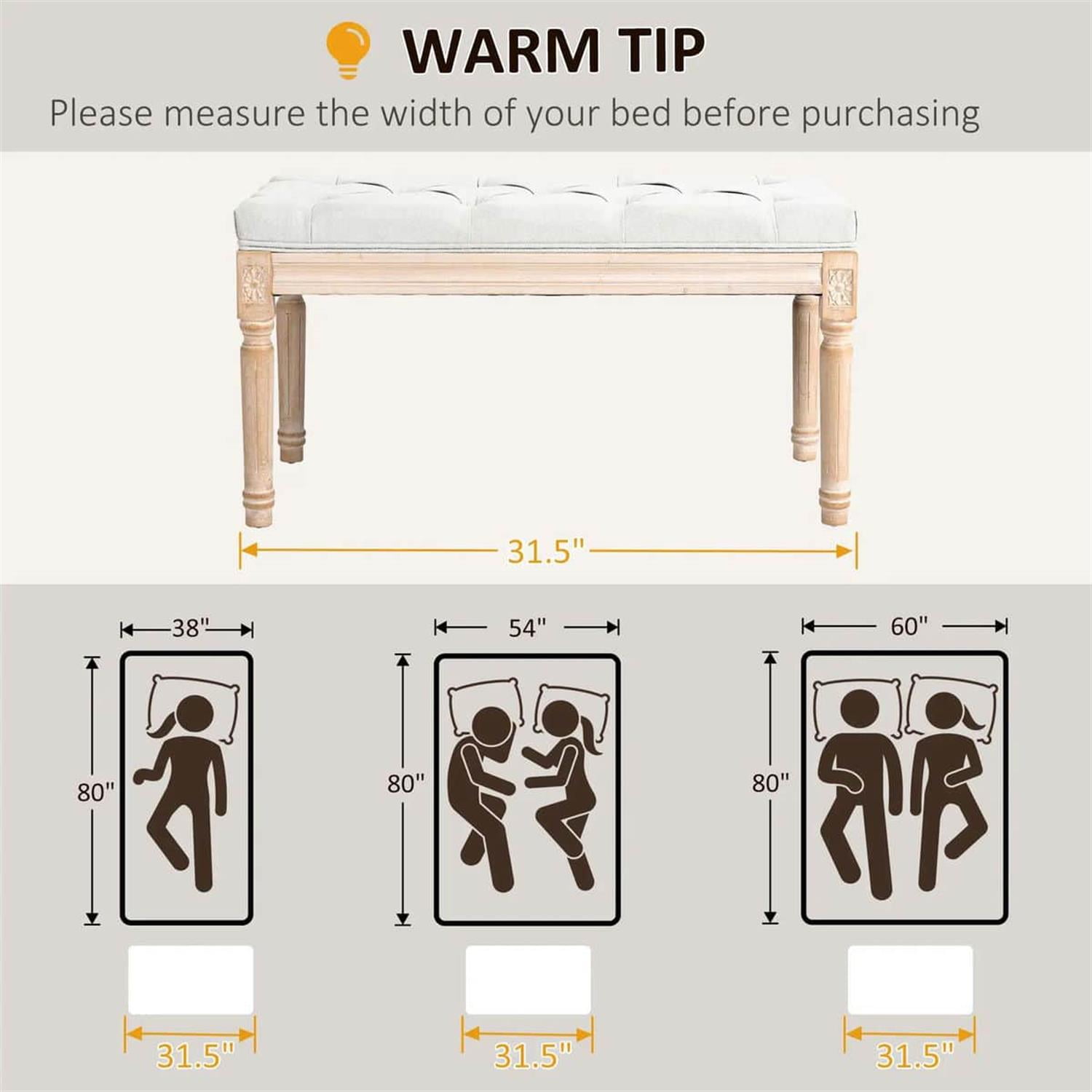 Demi Bonn 32" Luxe Linen Upholstered Bench, Thick Cushioned End of Bed Bench with Wooden Legs for Bedroom Seating, White