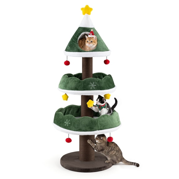 Gymax Cat Christmas Tree w/Cozy Condo 56.5''Cat Tower w/ Fully-wrapped Scratching Posts Green & Brown &White
