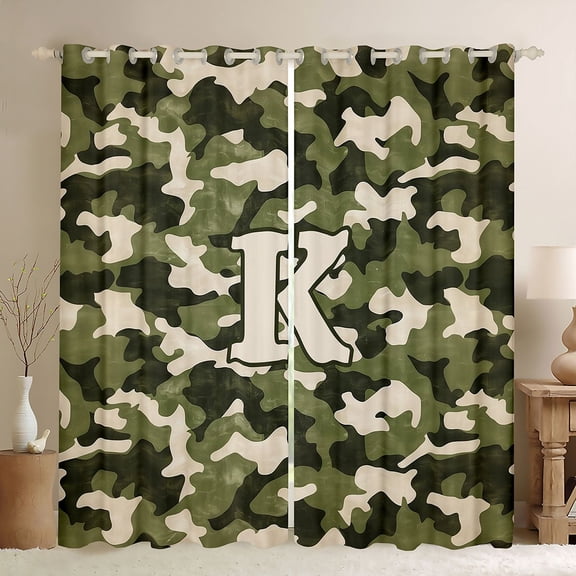 Feelyou Monogrammed K Black Out Curtains, Green Camo Curtains Pack of 2 (42x63 Each)