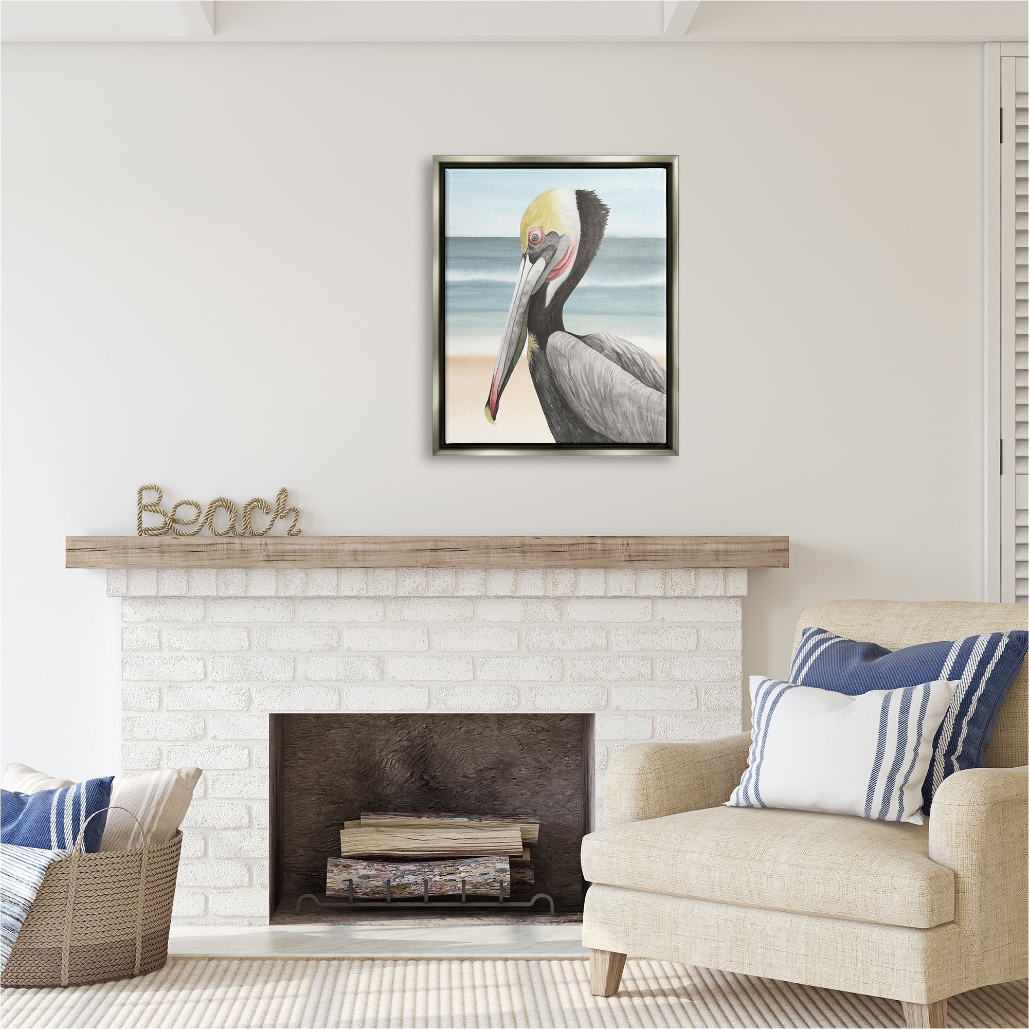Stupell Industries Pelican & Coastal Shore Animals & Insects Painting Gray Floater Framed Canvas Art Print Wall Art, 25 x 31
