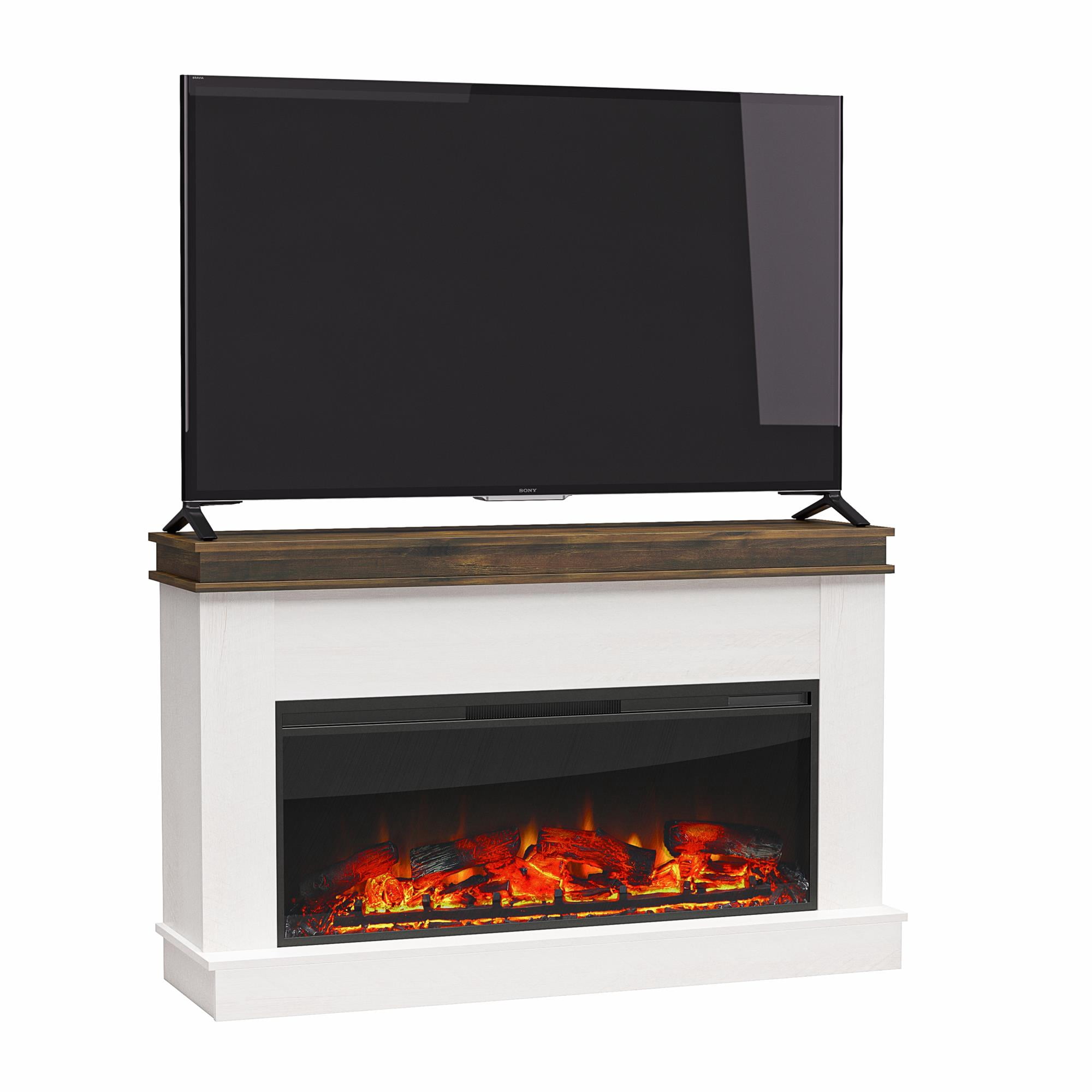 Mateo Wide Mantel with Linear Electric Fireplace and Remote for TVs up to 65", Ivory Oak/Rustic