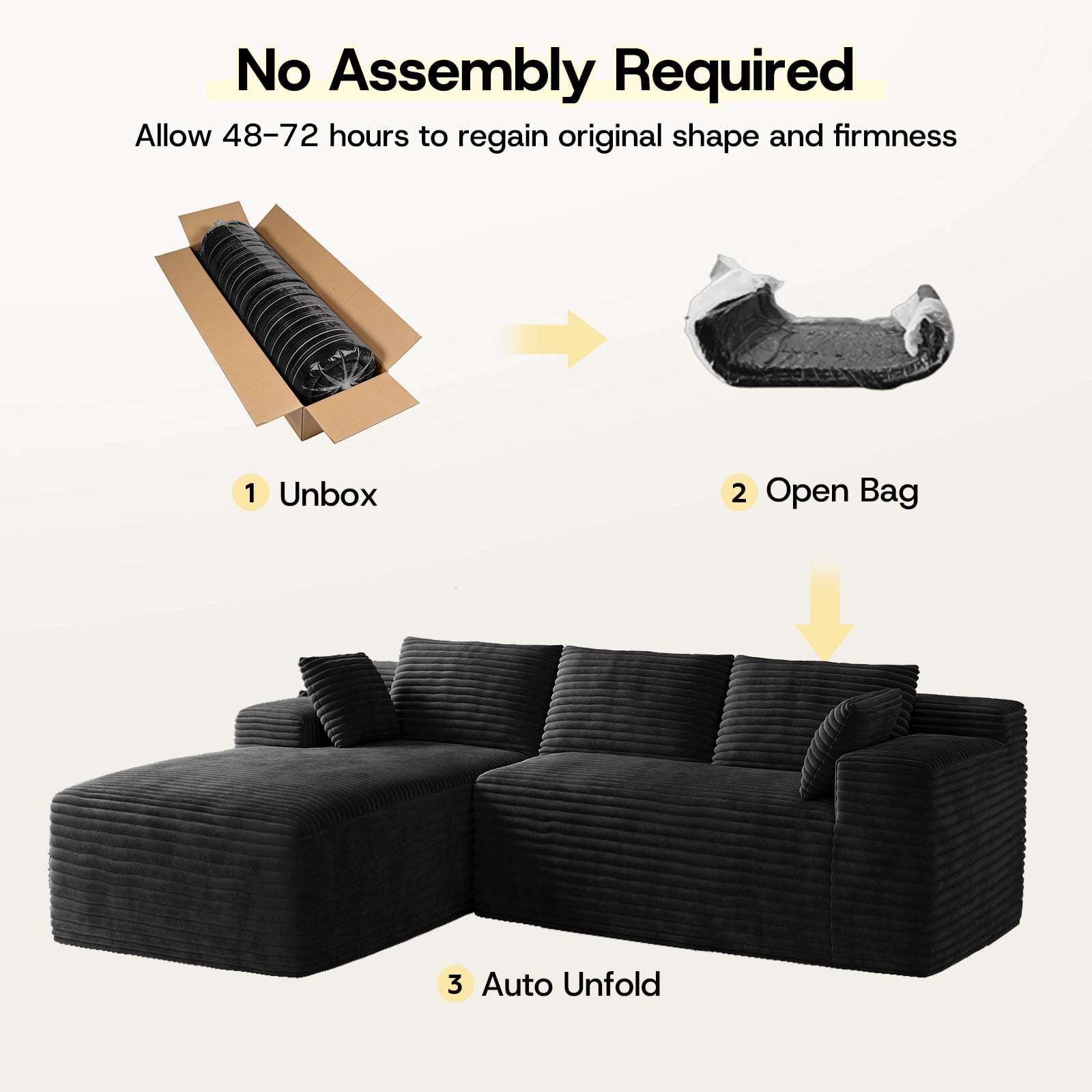 Patbrela 106" Sectional Couch for Living Room, L-Shaped Boneless Cloud Couch Corduroy Modern Sectional Sofa with Deep Seat and Thickened Cushion, No Assembly Required, Black