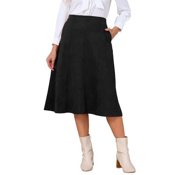 INSPIRE CHIC Women's Faux Suede Skirts Elastic High Waist Fall Winter A-Line Work Midi Skirt with Pockets S Black