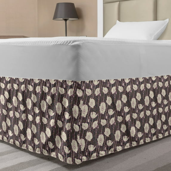 Retro Bed Skirt, Poppy Flower Branches on Pastel Polka Dots Little Circles Backdrop Flourishing, Elastic Bedskirt Dust Ruffle Wrap Around for Bedding Decor, 4 Sizes, Ivory and Brown, by Ambesonne
