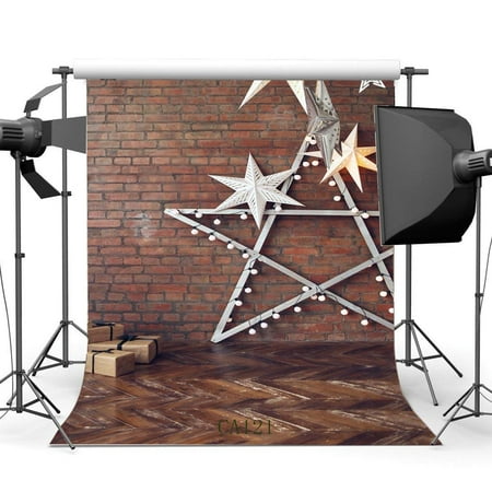 ABPHOTO Polyester 5x7ft Photography Backdrops Nostalgia Brick Wall Stars Gifts Vintage Stripe Wooden Floor Seamless Newborn Baby Toddlers Christmas Holiday Portraits Background Photo Studio