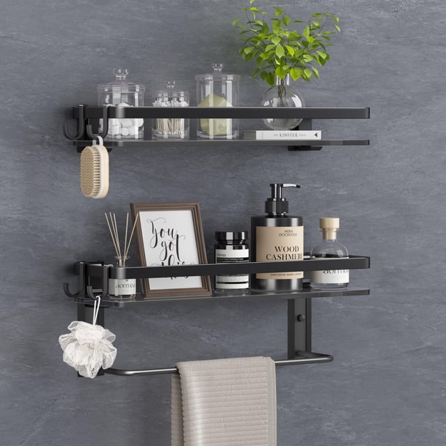 Estante de Vidrio VOLPONE 40x12x15 cm Negro Templado 2 Niveles con Ganchos